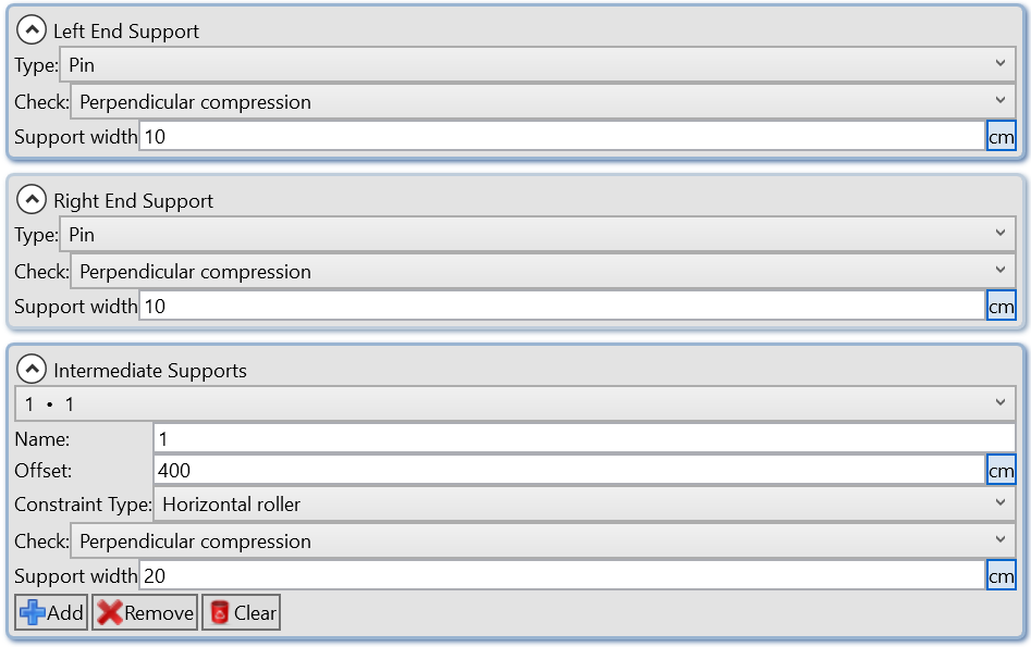 WoodBeam, data entry for supports and perpendicular compression verification for the timber beam.